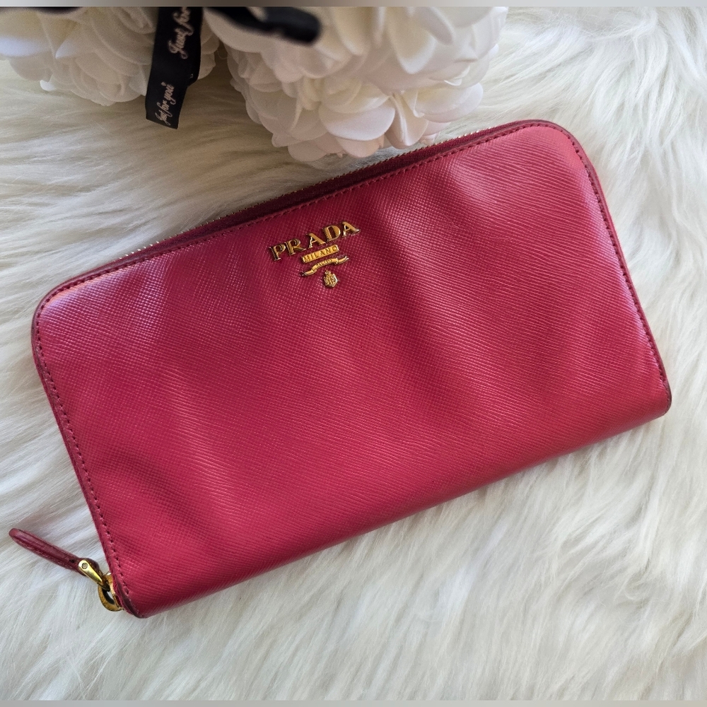 PRADA Pink Saffiano Leather Zip-Around Wallet